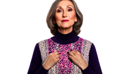Elegant older woman poses in purple sweater, cut out transparent