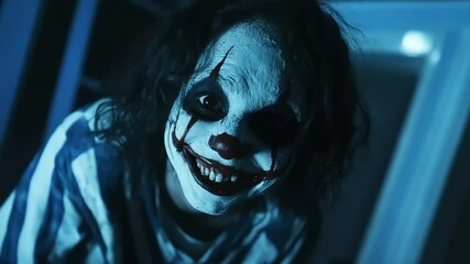 Eerie clown figure with a sinister smile in a dimly lit room, creating a chilling atmosphere
