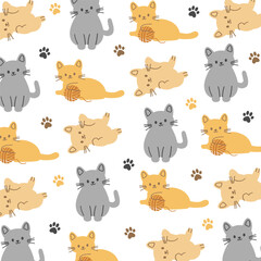 Seamless pattern of cute hand drawn cartoon cats. Paw prints and colorful feline doodles. Adorable animal background for kids, pet lovers, nursery wallpaper, fabric, and digital design. 