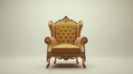 A gold chair with a gold cushion sits in front of a white wall
