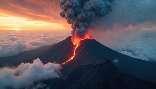 Dramatic photo of volcano eruption. Hot lava flows down mountain side. Smoke, ash clouds in the sky. Natural disaster, active volcano erupting at sunset. Scenic view of nature.