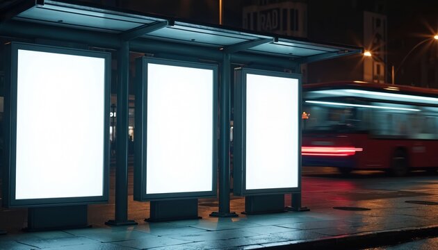 Bus stop billboards with blank copy space for advertising. Empty mock up Lightbox for information, clear display. Urban city street with blurred bus at night.