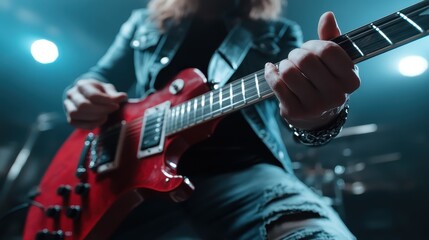 Obraz premium A powerful action shot of a guitarist passionately playing on stage, captured in a moment of energy and rhythm, surrounded by vibrant blue lights and an electric atmosphere.