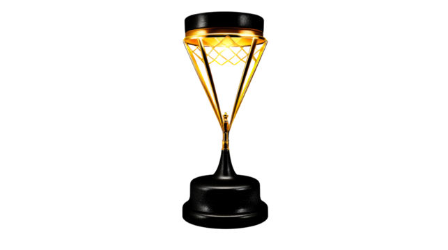 Elegant golden trophy replica of basketball hoop, cut out transparent