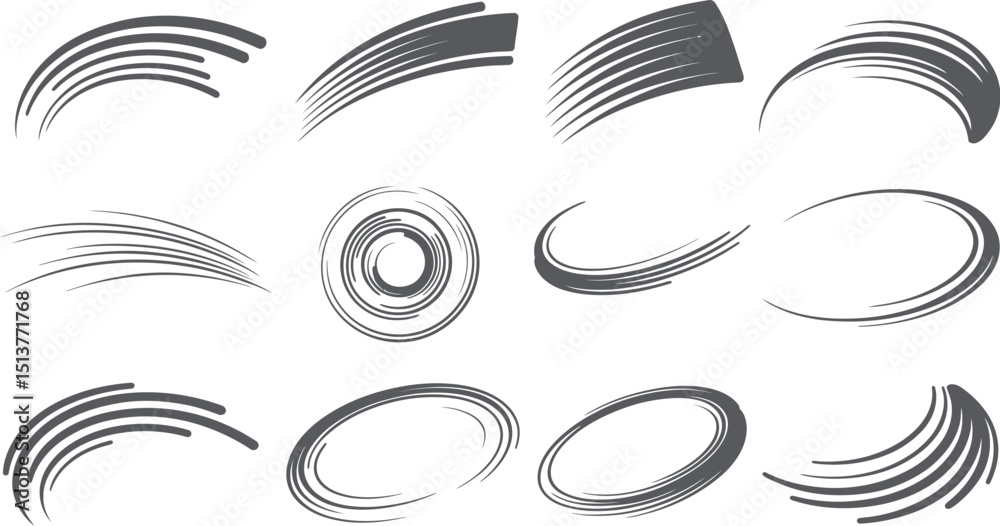 Wall mural collection of various abstract speed lines and motion graphic elements on a white background design 