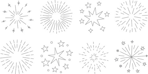 A collection of eight black and white starburst and star designs on a white background in a grid pattern