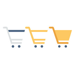 Trio of shopping cart icons in vibrant colors for engaging online retail experiences, copy space