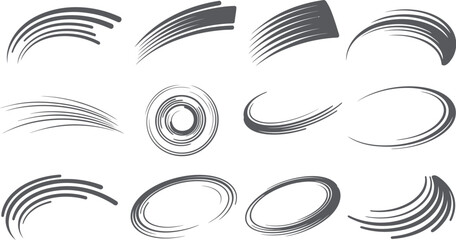 Collection of various abstract speed lines and motion graphic elements on a white background design set