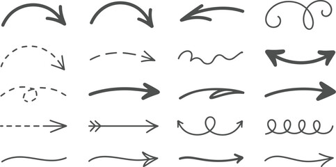Collection of hand drawn arrows in various styles pointing in different directions on a white background