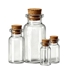 Small Glass Bottles with Cork Stoppers isolated on transparent background