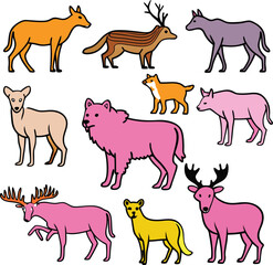 Colorful cartoon animals wildlife collection cute deer wolf fox