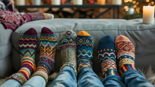 Festive feet in patterned socks, cozy on the couch in a warm and inviting atmosphere. Perfect for a holiday gathering or relaxing winter evening at home.