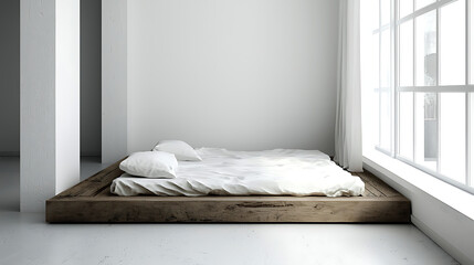 A white bed with pillows and a wooden frame