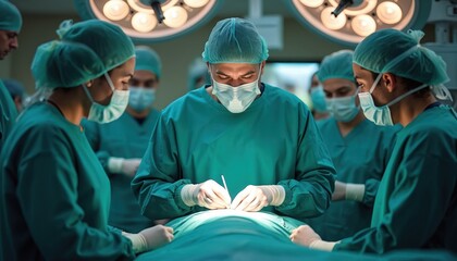 Surgeon performing operation in operating room. Medical team work in hospital. Doctors in green scrubs, surgical masks, gloves. Sterile surgical environment. Healthcare pro performs surgery.
