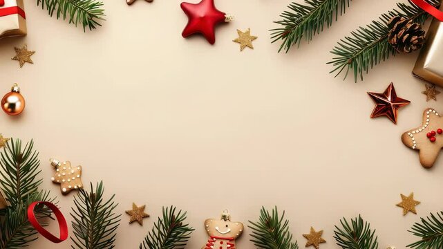 Festive Christmas frame with ornaments, stars, cookies and pine branches on a light background. Celebratory design for holiday greetings and invitations, copy space. 