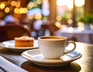 Obraz premium Hyper-realistic image of a small espresso cup on a white plate with elegant dessert in a fancy restaurant, ambient light and elegant setting