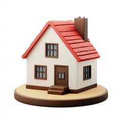 A charming, cartoonish house with a red tile roof, brown accents, and a small circular base, rendered in 3D