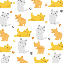 Obraz premium Seamless pattern of cute hand drawn cartoon cats. Paw prints and colorful feline doodles. Adorable animal background for kids, pet lovers, nursery wallpaper, fabric, and digital design. 