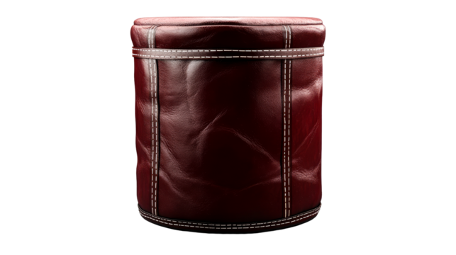 Burgundy leather cylinder with stitch details, cut out transparent