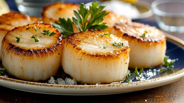 Seared scallop dish gourmet seafood cuisine fresh dinner closeup