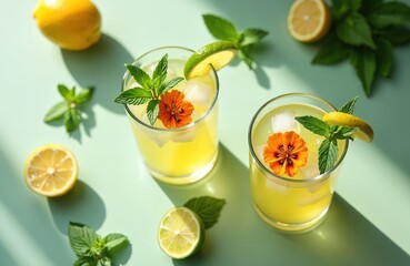 Fototapeta premium Refreshing iced lemonade with edible nasturtium flowers, mint leaves, lime slices. Summer drink, healthy organic soda. Detox water, unalcolic coctail, wellness, party drink.