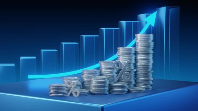 Animation of stacks of coins with percent symbols and a growing bar graph showing financial success and rising interest rates - Powered by Adobe