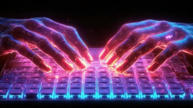 The neon-glowing hands press keyboard