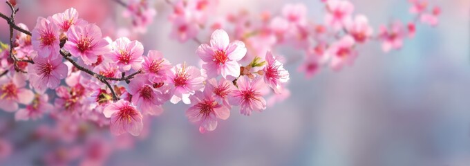Obraz premium Soft pink cherry blossom background with bokeh effect and copy space for spring branding, website banners, and pastel-themed social media posts.