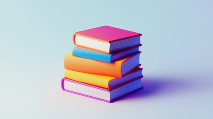 A digitally rendered stack of four colorful, cartoonish books on a light blue background