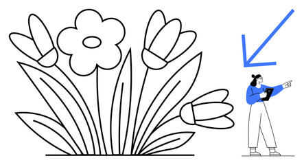 Large outlined flowers with detailed leaves next to a woman holding a tablet, pointing at the flowers. Ideal for nature, creativity, botany, education, growth, environment, simple landing page