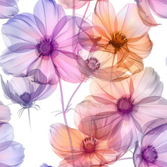 Translucent Cosmos Flowers: A dreamy, ethereal image featuring translucent cosmos flowers in soft pastel hues of purple, pink, and orange, creating a delicate and artistic floral design., seamless