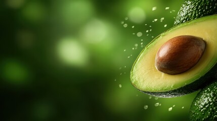 A vibrant image featuring a fresh avocado half with a glossy surface, highlighting its rich texture. A blurred green backdrop enhances the overall freshness and appeal.