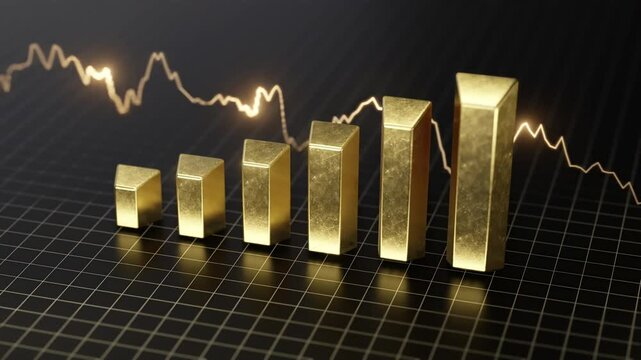 Golden bar chart depicts financial growth. Rising bars and a volatile line graph symbolize increasing value and market trends.