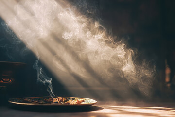 Incense smoke rising in sunlit room