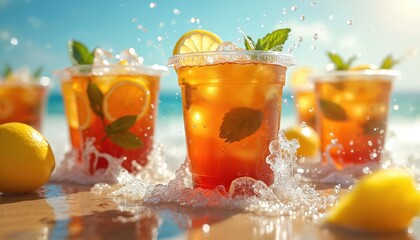 Iced tea splash with lemon slices, mint leaves in plastic cups on beach. Fresh cold drink with water drops. Summer refreshing beverage with ice cubes, juice. Advertising or promotional concept.