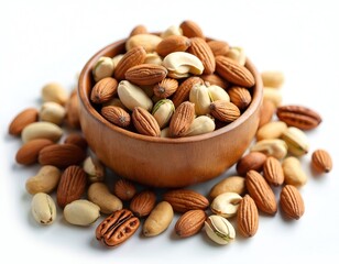 Wooden bowl filled unsalted mixed nuts almonds, cashews, pistachios, pecans. Healthy snack, ingredient for keto diet, top view, isolated on white background. Natural food, whole dry seeds.