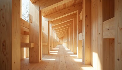 Interior perspective view of modern cross-laminated timber CLT construction. Wooden construction building, sustainable architecture design. Environmentally friendly material, eco-conscious approach.