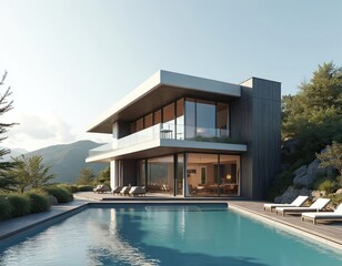 Fototapeta premium Modern house with swimming pool set on scenic hillside. Luxury home, large windows, stylish design. Contemporary architecture, minimalist style, wooden accents, green surroundings, creating relaxing