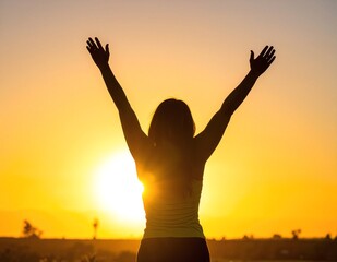 A joyful woman with flowing hair stands on a sunlit beach, raising her arms high in the air, embracing the warm breeze and vibrant atmosphere.