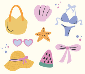 beach accessories hand drawn set collection