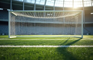 Fototapeta premium Empty soccer goal on green field. Sunlight illuminates sports stadium, creating shadows on the grass. White lines mark playing field. Concept football, sport, recreation.