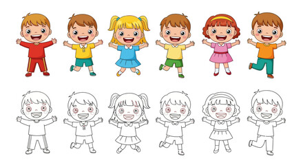 Happy Kids Cartoon and Coloring Page Set &ndash; Children Jumping Vector Illustration for Education and Activity Sheets