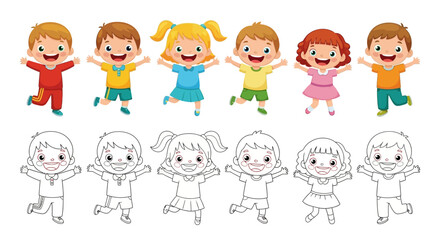 Happy Kids Cartoon and Coloring Page Set – Children Jumping Vector Illustration for Education and Activity Sheets