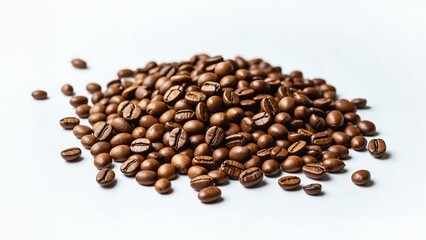 Obraz premium Neatly arranged pile of roasted coffee beans on a clean white background