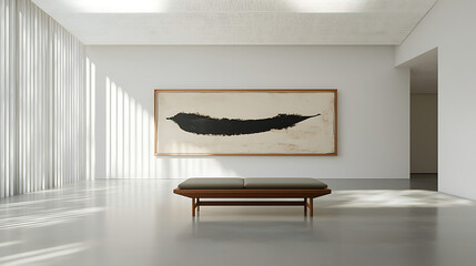 A large black and white painting of a leaf is hanging on the wall of a room