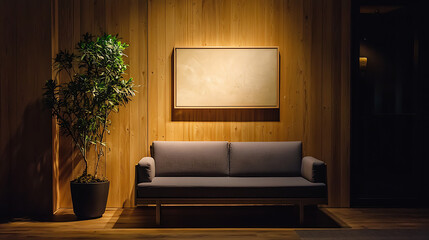 A large couch is sitting in front of a wall with a picture frame