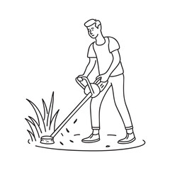 Fototapeta premium A man uses grass trimmer near tall grass with cut blades scattered on the ground