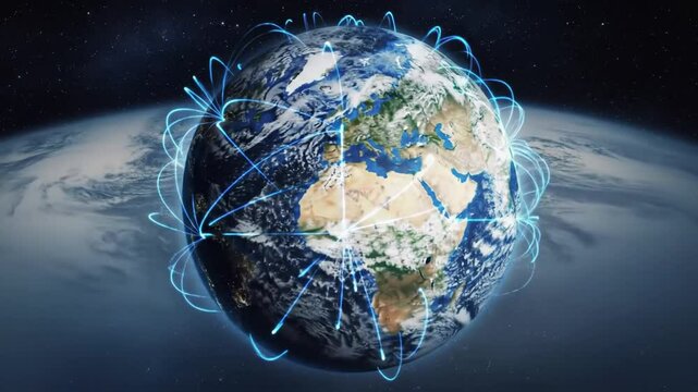 Earth Orbiting with Glowing Network Lines Symbolizing Global Connectivity