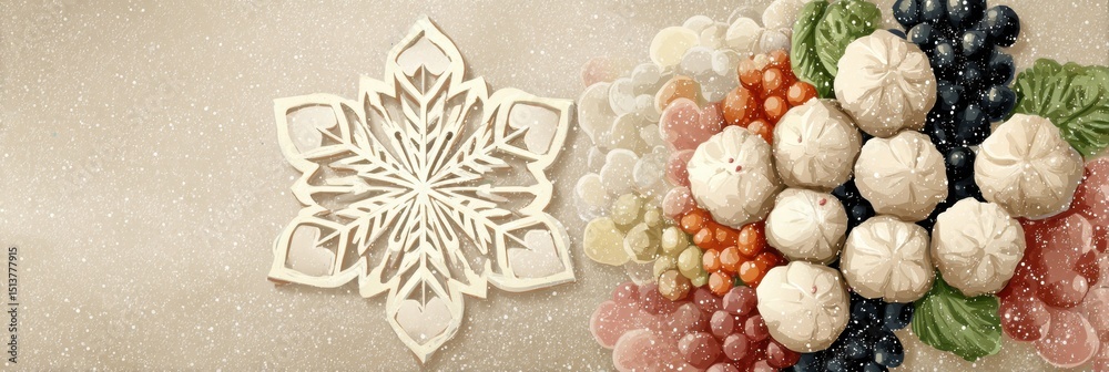Aufkleber stylized snowflake complements frozen dumplings and colorful vegetables on a bright background