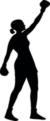 Silhouette of a victorious female boxer raising one arm in triumph, symbolizing strength, empowerment, sport achievement, and athletic success in minimal black vector art 